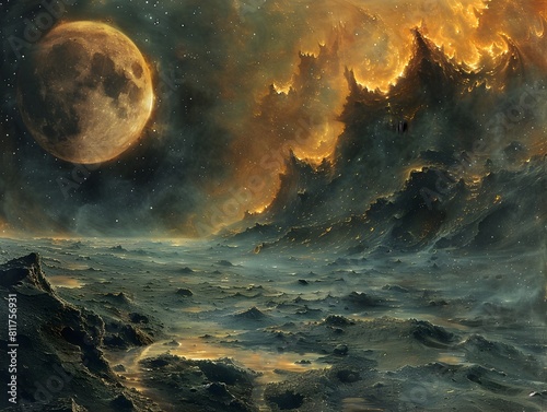 Cosmic Tempest A Surreal Panoramic Vision of an Otherworldly Realm Amidst a Turbulent Celestial Tapestry