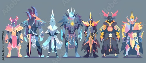 A group of seven warriors, each with their own unique armor and weapons. The warriors are all standing in a row, ready to face any challenge that comes their way. photo