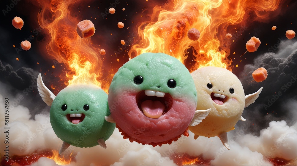 A whimsical fantasy Hell fire in a form of Mochi Japan Food, flying through the Hell A whimsical fantasy Hell fire in a form of Mochi Japan Food, flying through the Hell