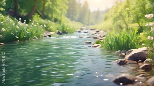 Lovely close-up of a freshwater stream in springtime  adorned with tender greenery. Horizontal banner with a spring theme. Abstract background of untamed outside nature. AI-generated visual art. 