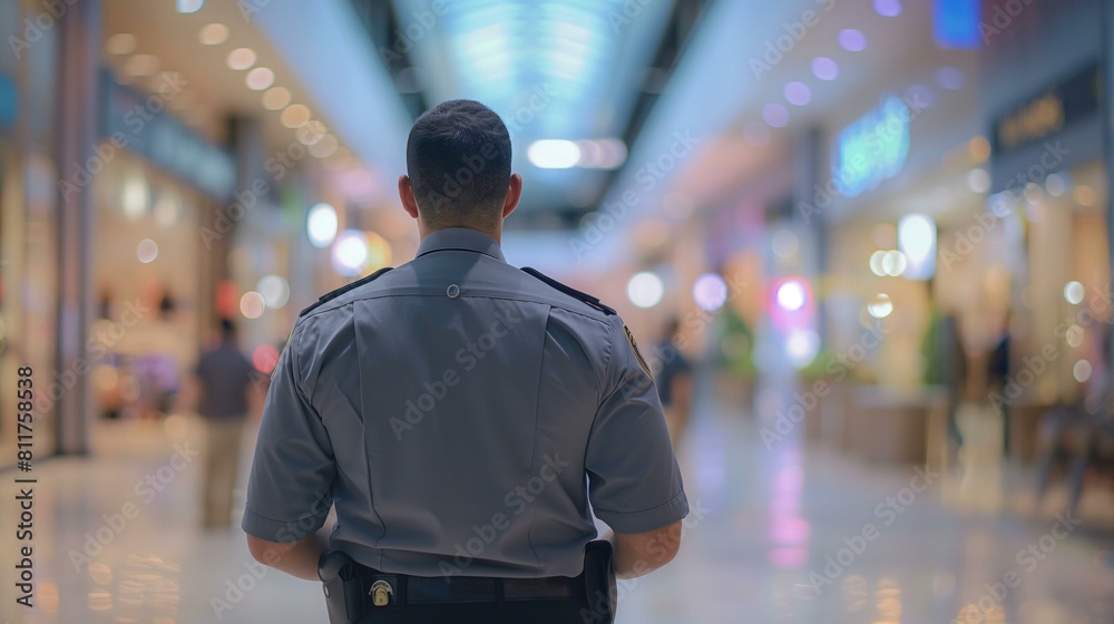 Security Guard On Duty in a Busy Shopping Mall, Overseeing Safety Security Guard On Duty in a Busy Shopping Mall, Overseeing Safety