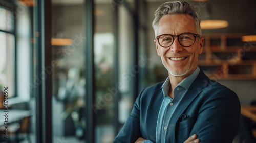 Confident CEO Poses in Modern Office Space With a Warm Smile and Stylish Glasses © Generative ART