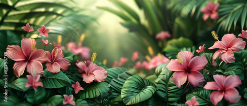 Tropical leaves and flowers in vibrant shades of green and pink  summer banner wallpaper