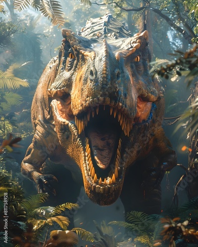 Ferocious Tyrannosaurus Rex Guarding Impenetrable Safe Box in Lush Jungle Landscape