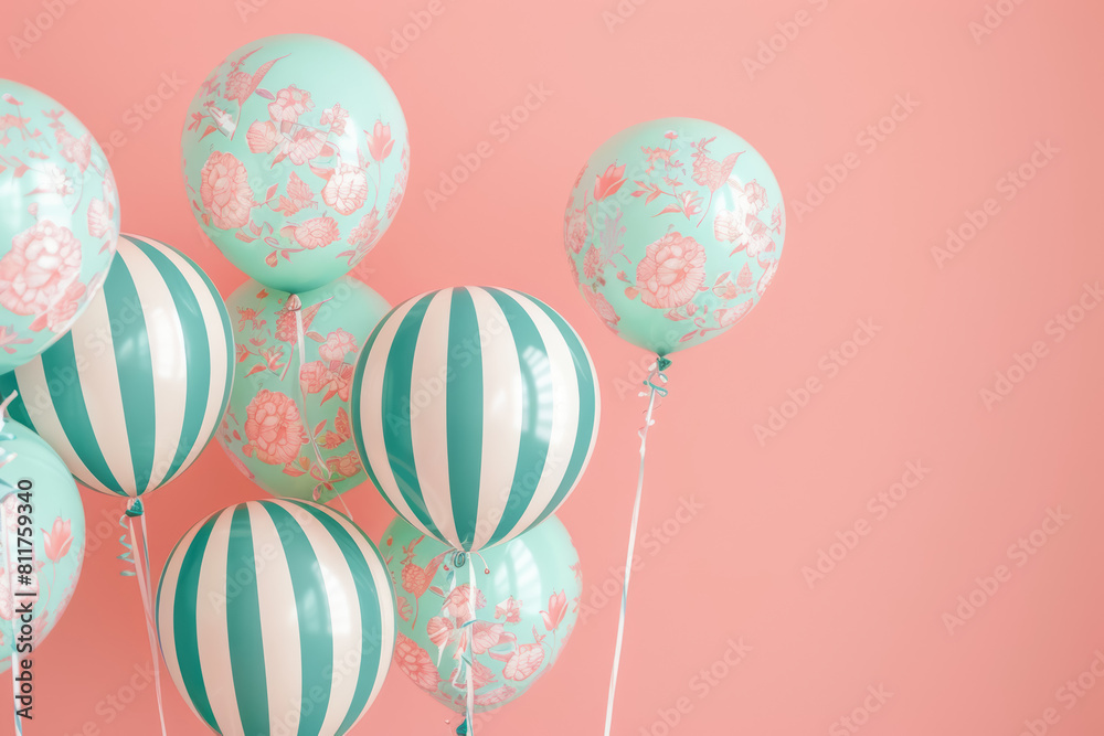 decorative pastel balloons with botanical prints on peach background