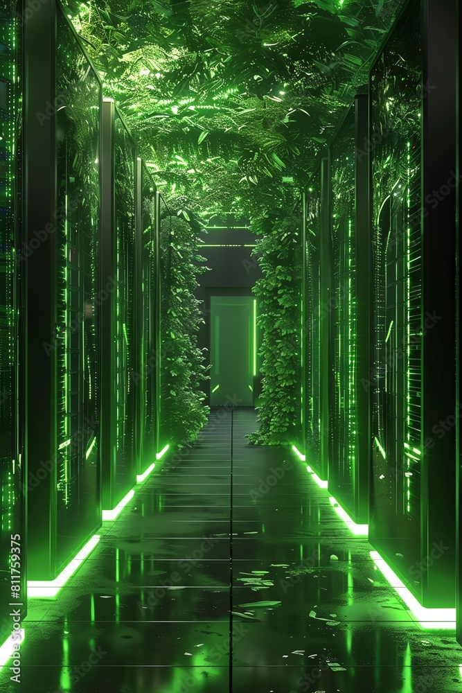 A long, dimly lit hallway with a green glow