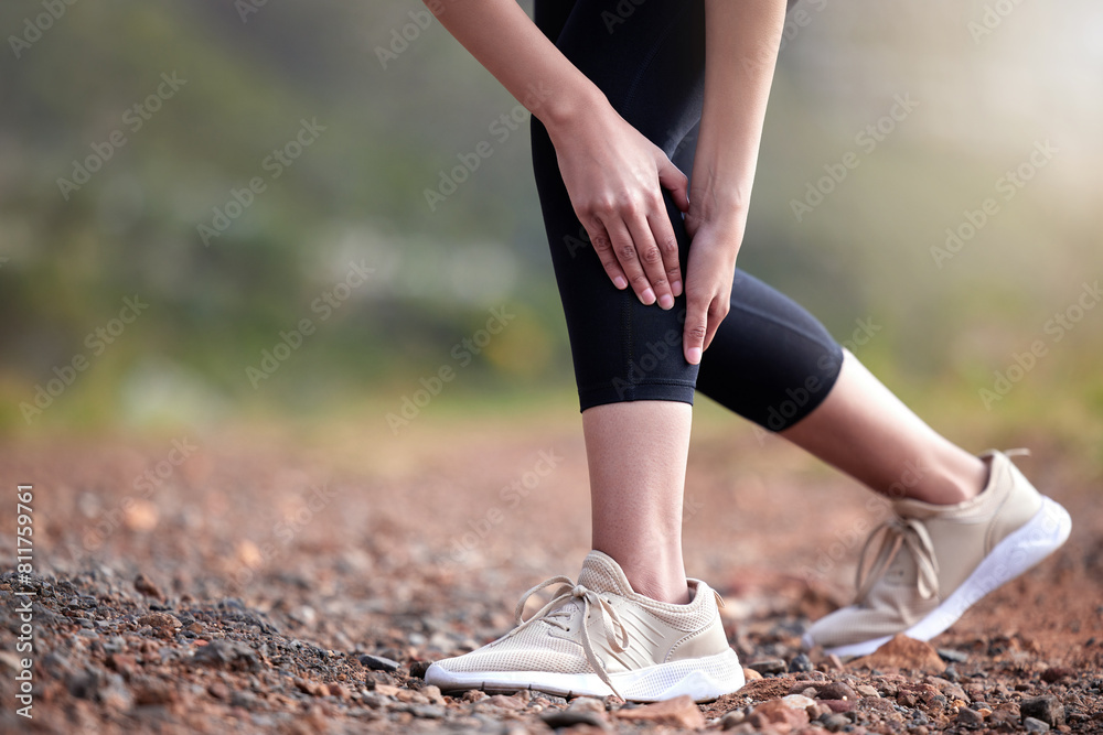 Hands, leg pain and injury outdoor from workout, accident or training for health in nature. Calf, muscle strain and person with arthritis, fibromyalgia or medical osteoporosis after fitness exercise Hands, leg pain and injury outdoor from workout, accident or training for health in nature. Calf, muscle strain and person with arthritis, fibromyalgia or medical osteoporosis after fitness exercise
