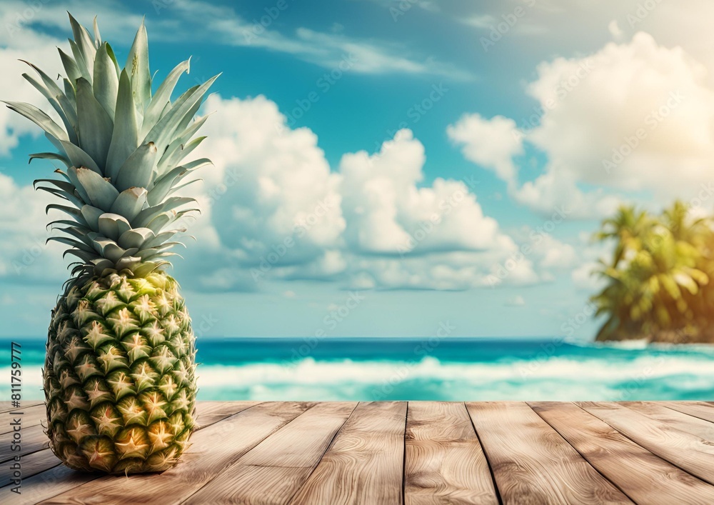 Banner summer tropical sea with waves, Pineapple and blue sky with clouds Banner summer tropical sea with waves, Pineapple and blue sky with clouds