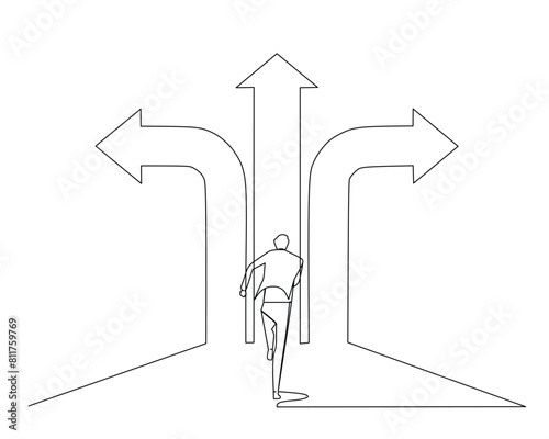 Continuous single one line drawing a businessman who runs in 3 different arrow directions. concept of choice in career.  Design vector illustration