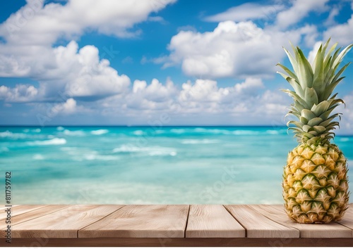 Banner summer tropical sea with waves, Pineapple and blue sky with clouds