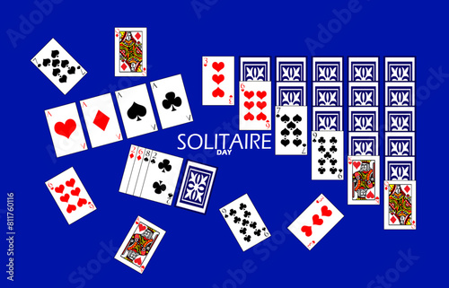 National Solitaire Day event banner. Card stacking game on blue background to celebrate on May 22nd