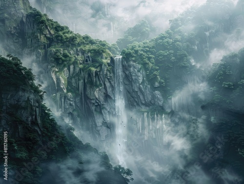 Mysterious cliffs with heavy mist and waterfalls in a cold, monochrome environment.