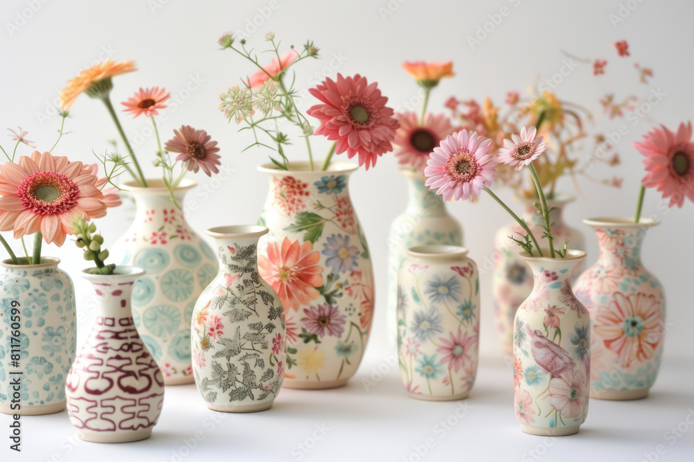 vibrant floral arrangements in a collection of handmade patterned pottery vases vibrant floral arrangements in a collection of handmade patterned pottery vases