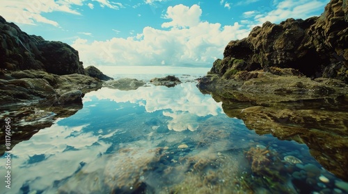 A picturesque natural landscape featuring a body of water surrounded by rocks and mountains, with a clear blue sky and fluffy clouds reflecting in the calm water AIG50