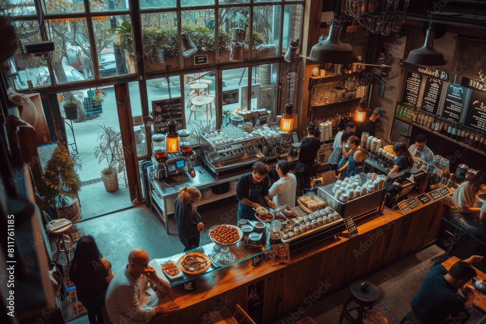 The hustle of a busy coffee shop with patrons enjoying their drinks and baristas crafting coffee, creating a lively community space. Resplendent.