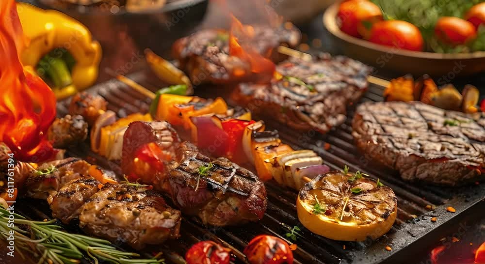 Vibrant summer BBQ with grilled meats and veggies perfect for family gatherings. Concept Summer Recipe Ideas, BBQ Tips, Grilling Techniques, Family Gatherings, Outdoor Cooking Vibrant summer BBQ with grilled meats and veggies perfect for family gatherings. Concept Summer Recipe Ideas, BBQ Tips, Grilling Techniques, Family Gatherings, Outdoor Cooking