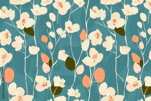 Wallpaper Mural Seamless pattern with flowers and leaves. Hand-drawn . Floral pattern for wallpaper or fabric. Flowers and leaves. Texture background.. Beautiful simple AI generated image in 4K, unique. Torontodigital.ca