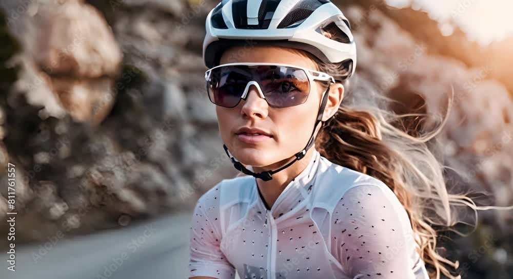 A fit woman cycling with helmet and glasses on a mountain road. Concept Fitness, Cycling, Outdoor Adventure, Healthy Lifestyle, Mountain Biking A fit woman cycling with helmet and glasses on a mountain road. Concept Fitness, Cycling, Outdoor Adventure, Healthy Lifestyle, Mountain Biking