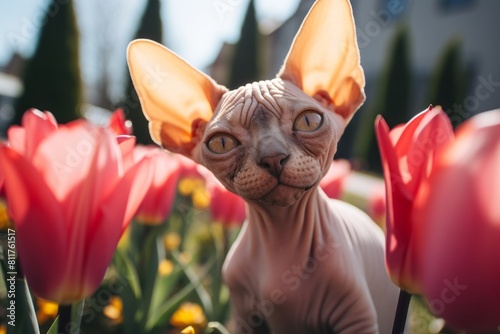 Close-up portrait photography of a funny sphynx cat stretching a back in front of blooming spring garden