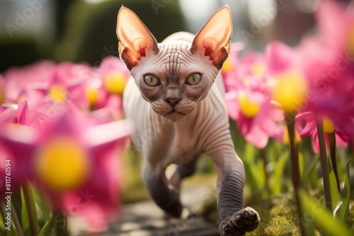 Close-up portrait photography of a funny sphynx cat stretching a back in blooming spring garden