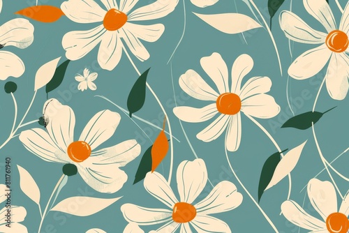Seamless pattern with flowers and leaves. Hand-drawn . Floral pattern for wallpaper or fabric. Flowers and leaves. Texture background.. Beautiful simple AI generated image in 4K  unique.