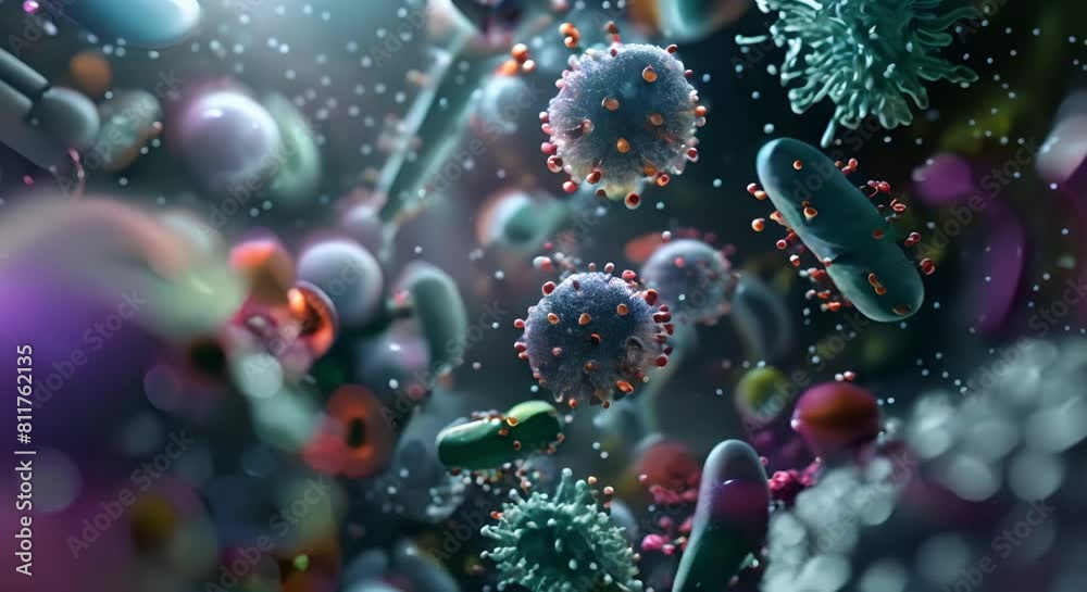3D render of microscopic virus and bacteria cells. Concept Microscopic ...