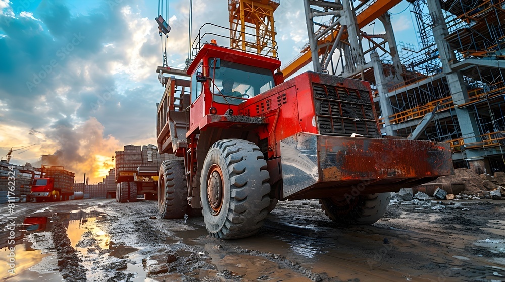 Skilled Operators Maneuvering Heavy Construction Machinery to Transport Critical Materials at Bustling Industrial Site Skilled Operators Maneuvering Heavy Construction Machinery to Transport Critical Materials at Bustling Industrial Site