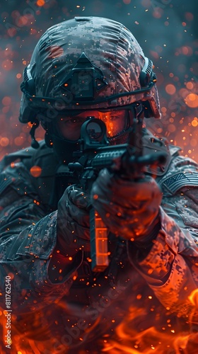 Soldier with Grenade Navigating Chaotic Battlefield Amid Explosive Spacetime Distortions © Sataporn