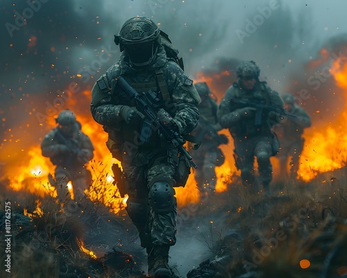 Soldiers Execute Daring Nighttime Amid Chaos of Battlefield Smoke and Explosions During High Risk Military
