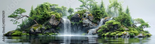 A waterfall is surrounded by trees and rocks  creating a serene