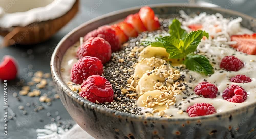 Energizing Smoothie Bowl Recipe with Yogurt, Chia Seeds, Fruits, and Coconut. Concept Healthy Breakfast Ideas, Nutritious Recipes, Refreshing Smoothies, Delicious Yogurt Bowls, Energizing Breakfasts