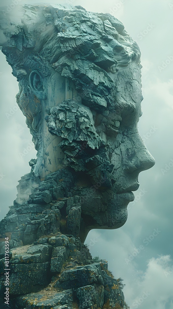 Weathered Visionary Face Sculpture in Surreal Dreamlike Landscape