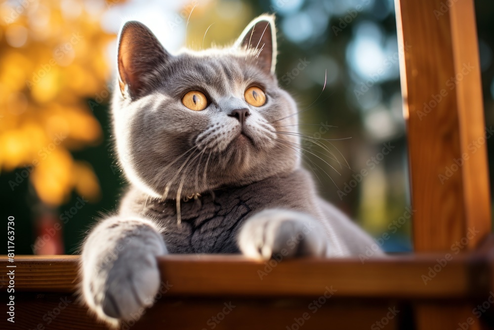 Medium shot portrait photography of a cute british shorthair cat scratching in picturesque park bench Medium shot portrait photography of a cute british shorthair cat scratching in picturesque park bench