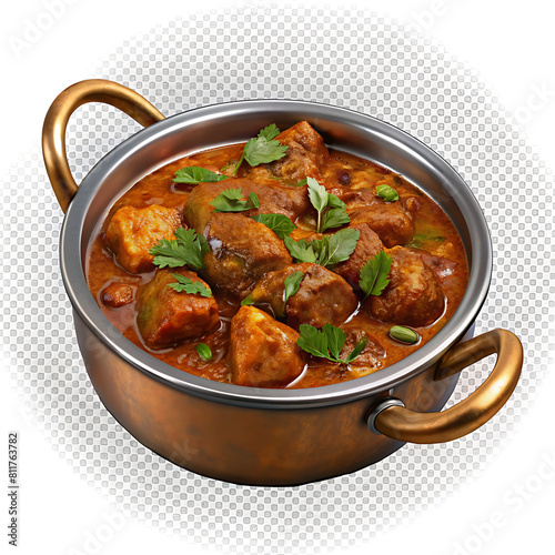 Overhead shot of Chicken tikka masala baked in little pan. Isolated on white with clipping path 