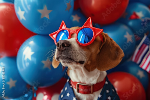 american foxhound in festive attire with star shaped sunglasses among red and blue balloons photo