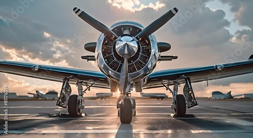 Closeup image of propeller plane representing aviation transportation or aircraft mechanics. Concept Aviation Transportation, Propeller Plane, Aircraft Mechanics photo