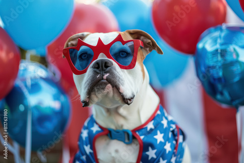 patriotic bulldog wearing star-spangled outfit and red sunglasses with balloons photo
