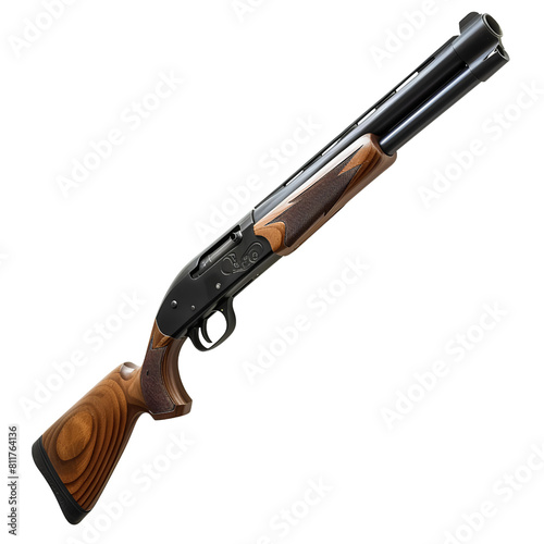 Modern Pump-Action Shotgun with Wood Stock and Matte Black Finish, isolated, transparent background, white background, no background