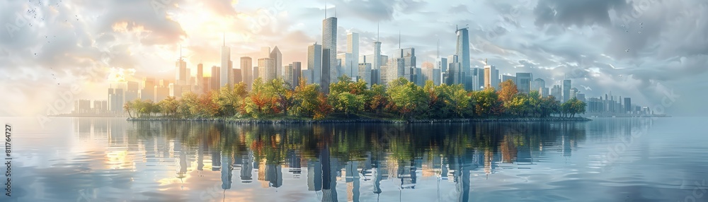 Naklejka premium A city with a large island in the middle of it