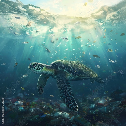 A beautiful sea turtle swims through a sea of plastic
