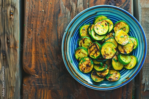 Grilled zucchini pieces in plate on wooden table photo
