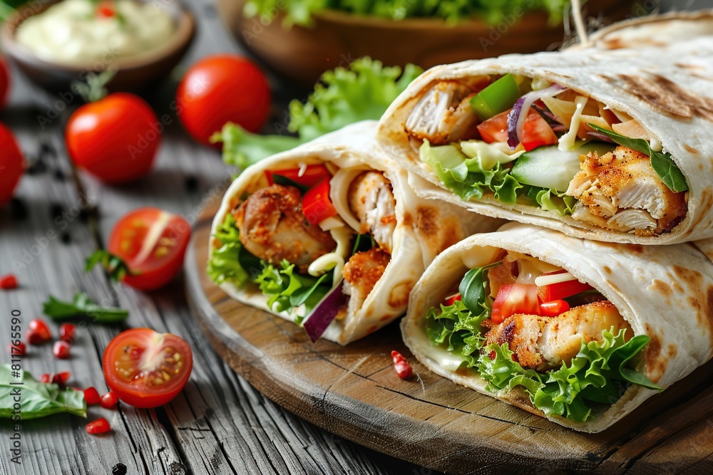 Tortilla wrap with chicken and fresh vegetables on board on wooden table