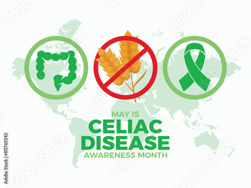 May is Celiac Disease Awareness Month poster vector illustration. Green awareness ribbon and intestine icon. Gluten intolerance symbol. Template for background, banner, card. Important day