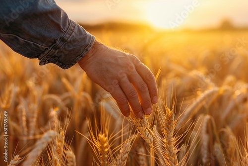 Male hand touching ripe wheat ears on yellow field background