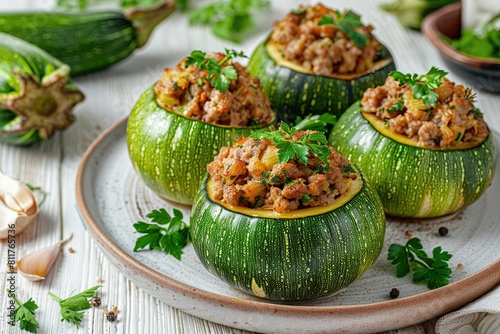 Zucchini stuffed with cheese and meat on wooden table