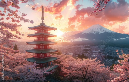 Japanese pagoda  building or house intersecting with the beautiful mount fuji scenery  stunning view  created with AI