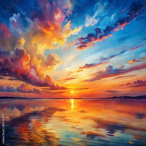A vibrant sunset over a calm ocean casting colorful reflections on the water  © Ahmad