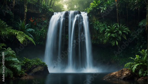 waterfall in a jungle. The waterfall is cascading over a cliff into a pool of water