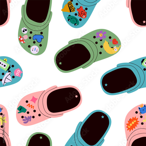 Set of crocs with embellishments. Seamless Pettern. Unisex slates. Trendy vector illustration.
