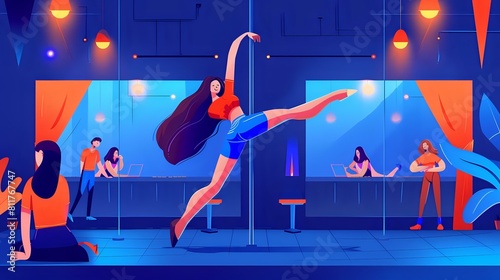 Vibrant Dance Studio Atmosphere with Joyful Pole Dancer